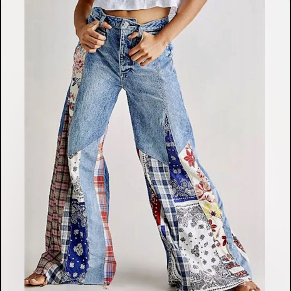 Free People Cortez Pierced Wide Leg Jean Mixed Floral Bandana Plaid Print